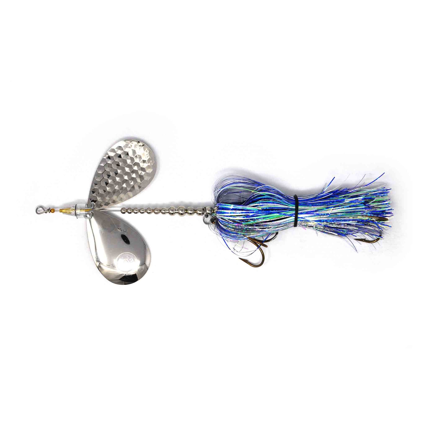 View of Bucktails Angling Revolution The One 10/10 Blue & Silver Skirt/Nickle Blades available at EZOKO Pike and Musky Shop