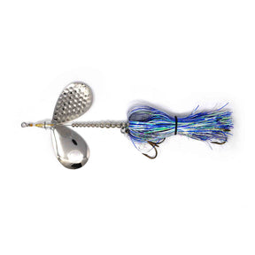 View of Bucktails Angling Revolution The One 10/10 Blue & Silver Skirt/Nickle Blades available at EZOKO Pike and Musky Shop