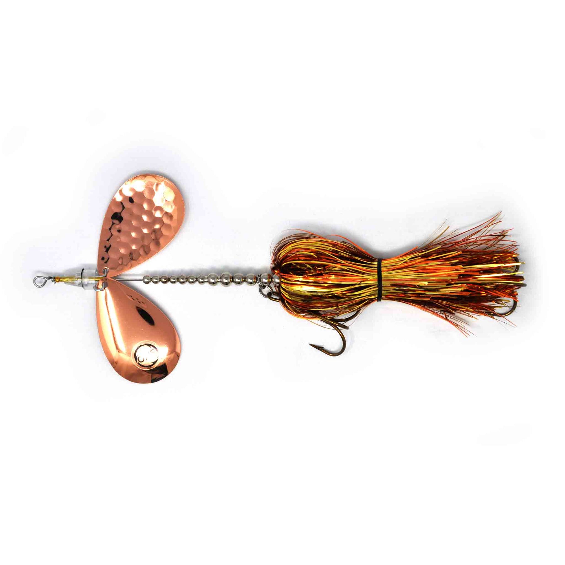 View of Bucktails Angling Revolution The One 10/10 Copper & Gold Skirt/Copper Blade available at EZOKO Pike and Musky Shop