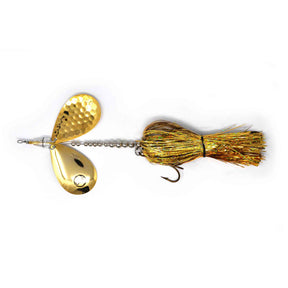 View of Bucktails Angling Revolution The One 10/10 Gold & Holo Gold Skirt/Gold Blades available at EZOKO Pike and Musky Shop