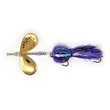 View of Bucktails Angling Revolution The One 10/10 Purple Iridescent Skirt/Gold Blades available at EZOKO Pike and Musky Shop