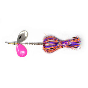 View of Bucktails Angling Revolution The One 8/8 ''Cotton Candy'' Skirt/Pink Blades available at EZOKO Pike and Musky Shop