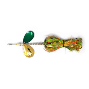 View of Bucktails Angling Revolution The One 8/8 ''Karen Wodgers'' Green & Gold Skirt/1 Gold Blade 1 Green Blade available at EZOKO Pike and Musky Shop