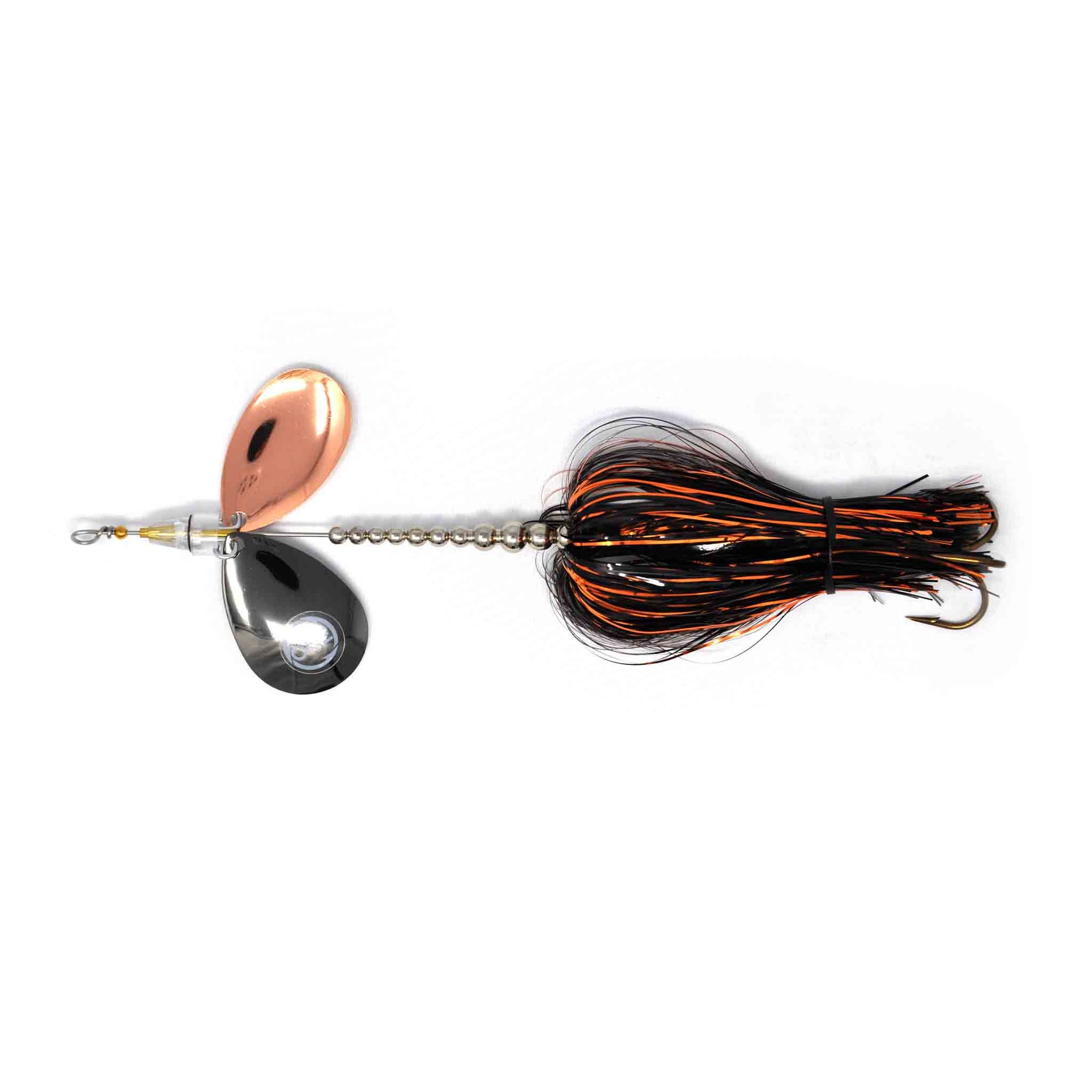 View of Bucktails Angling Revolution The One 8/8 ''Night Cop''Black & Copper Skirt/Copper Blades available at EZOKO Pike and Musky Shop