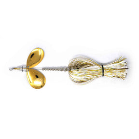 View of Bucktails Angling Revolution The One 8/8 ''White Lightning''White & Gold Skirt/Gold Blades available at EZOKO Pike and Musky Shop