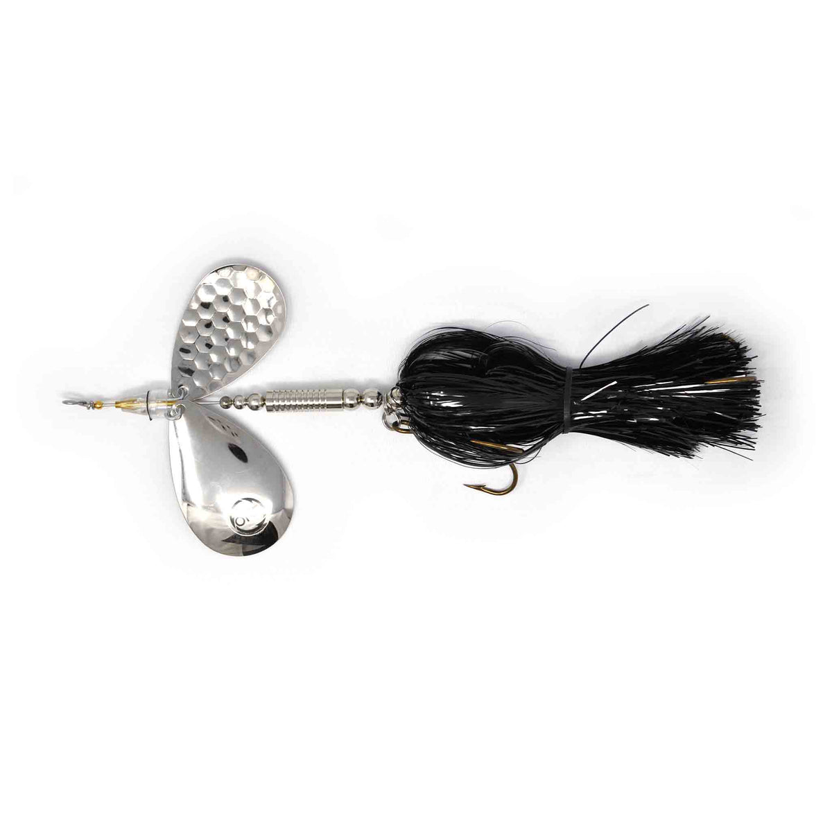 View of Bucktails Angling Revolution The One 9/10 Heavy Black Skirt/Nickle Blades available at EZOKO Pike and Musky Shop