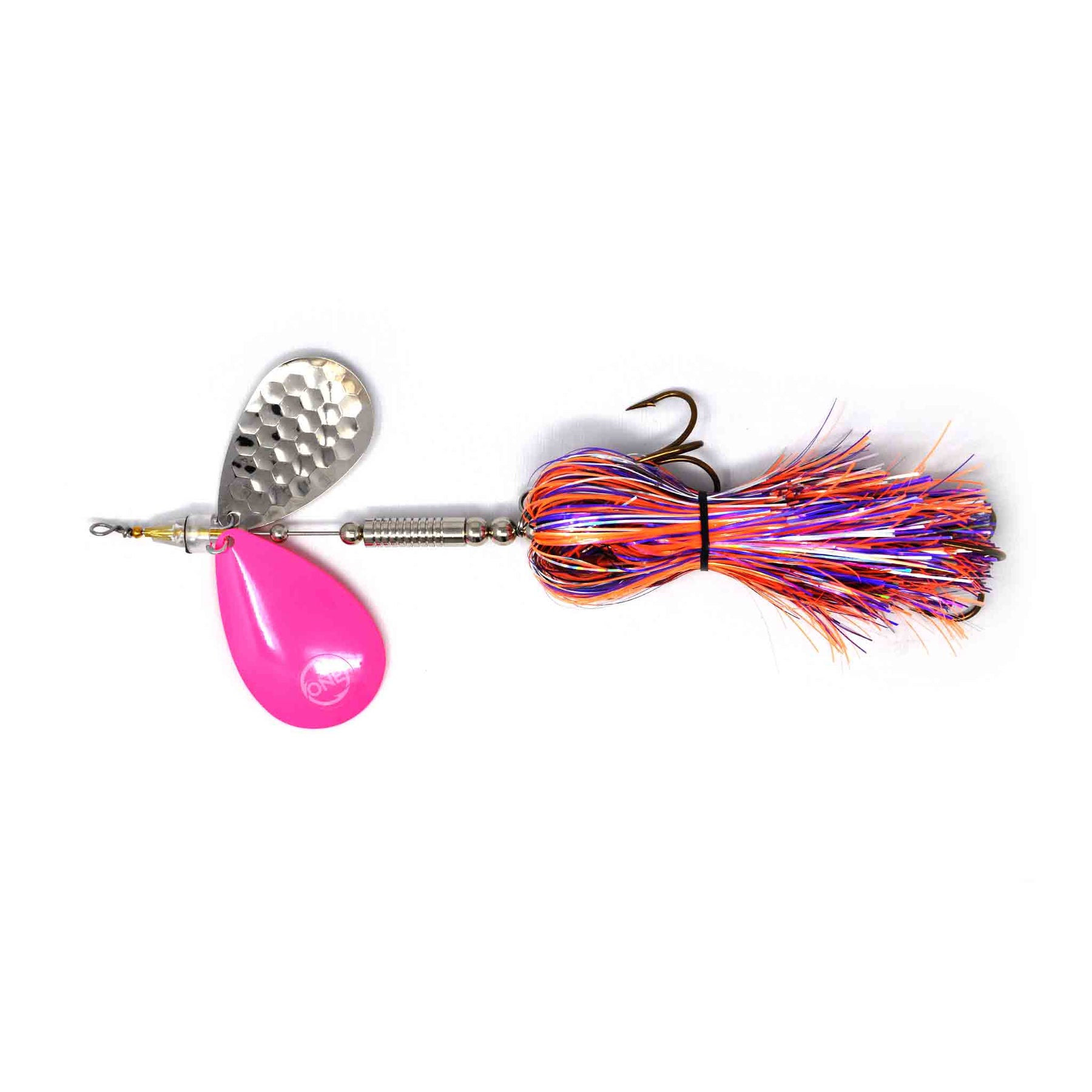 View of Bucktails Angling Revolution The One 9/10 Heavy ''Cotton Candy'' Skirt/Pink Blades available at EZOKO Pike and Musky Shop