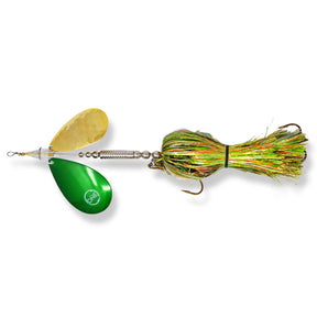 View of Bucktails Angling Revolution The One 9/10 Heavy ''Karen Wodgers'' Green & Gold Skirt/1 Gold Blade 1 Green Blade available at EZOKO Pike and Musky Shop