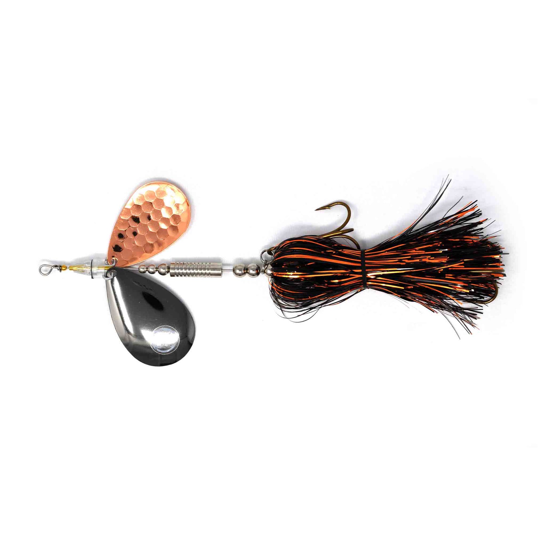 View of Bucktails Angling Revolution The One 9/10 Heavy ''Night Cop''Black & Copper Skirt/Copper Blades available at EZOKO Pike and Musky Shop