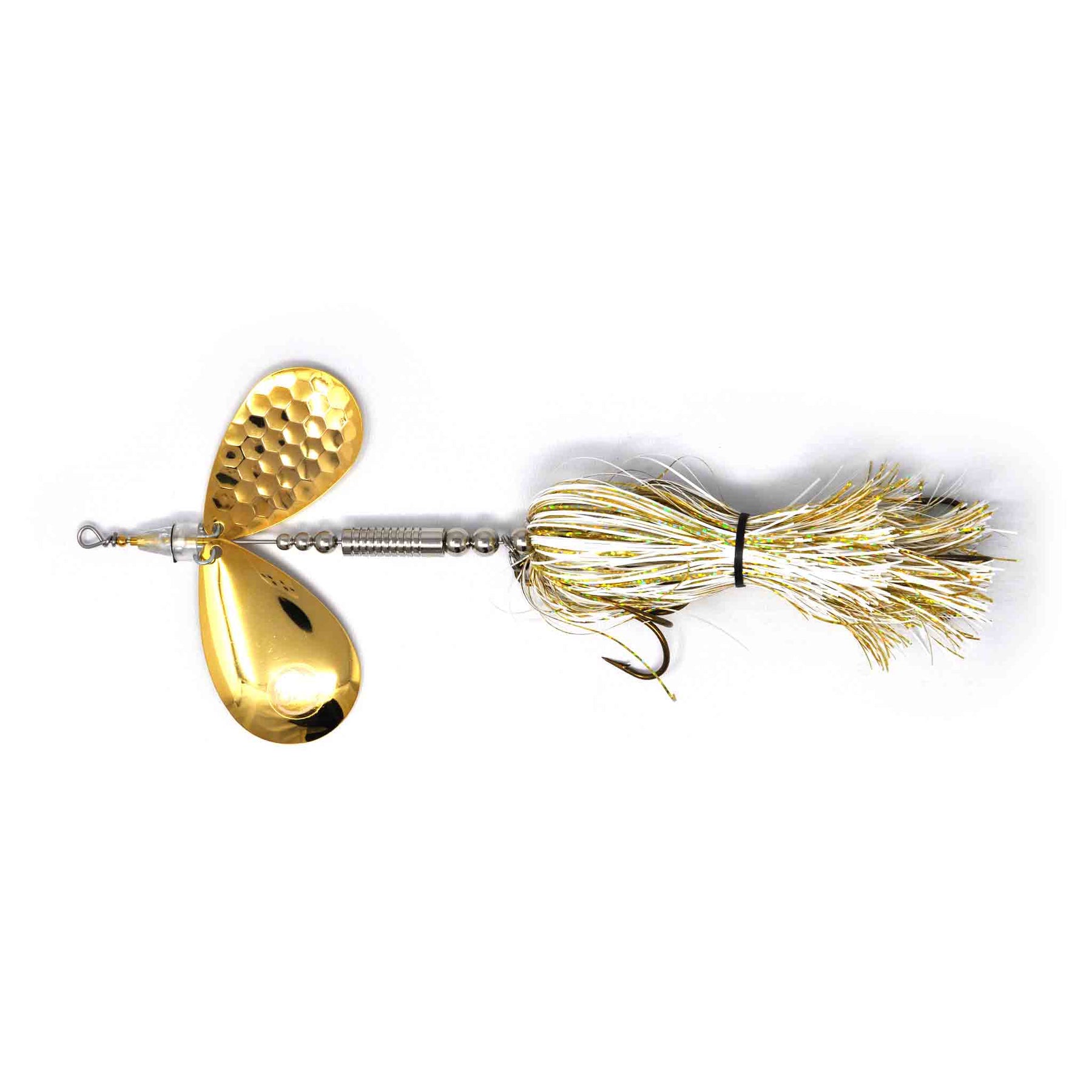 View of Bucktails Angling Revolution The One 9/10 Heavy ''White Lightning''White & Gold Skirt/Gold Blades available at EZOKO Pike and Musky Shop