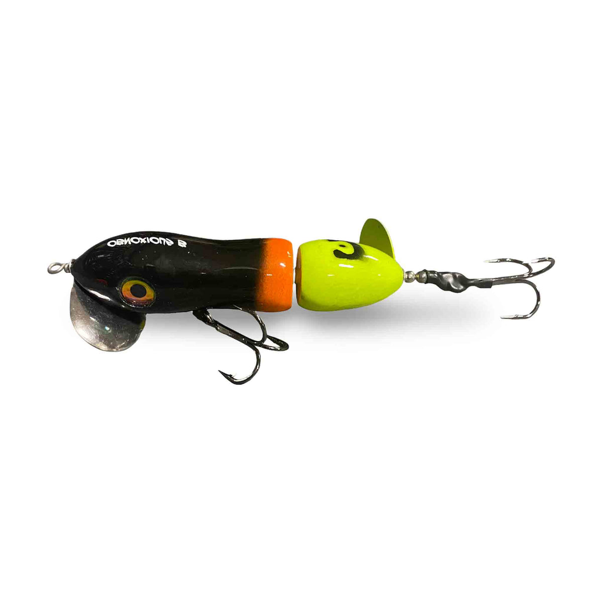 View of Topwater Big Mama Obnoxious "B" Propbait Fire Tail available at EZOKO Pike and Musky Shop