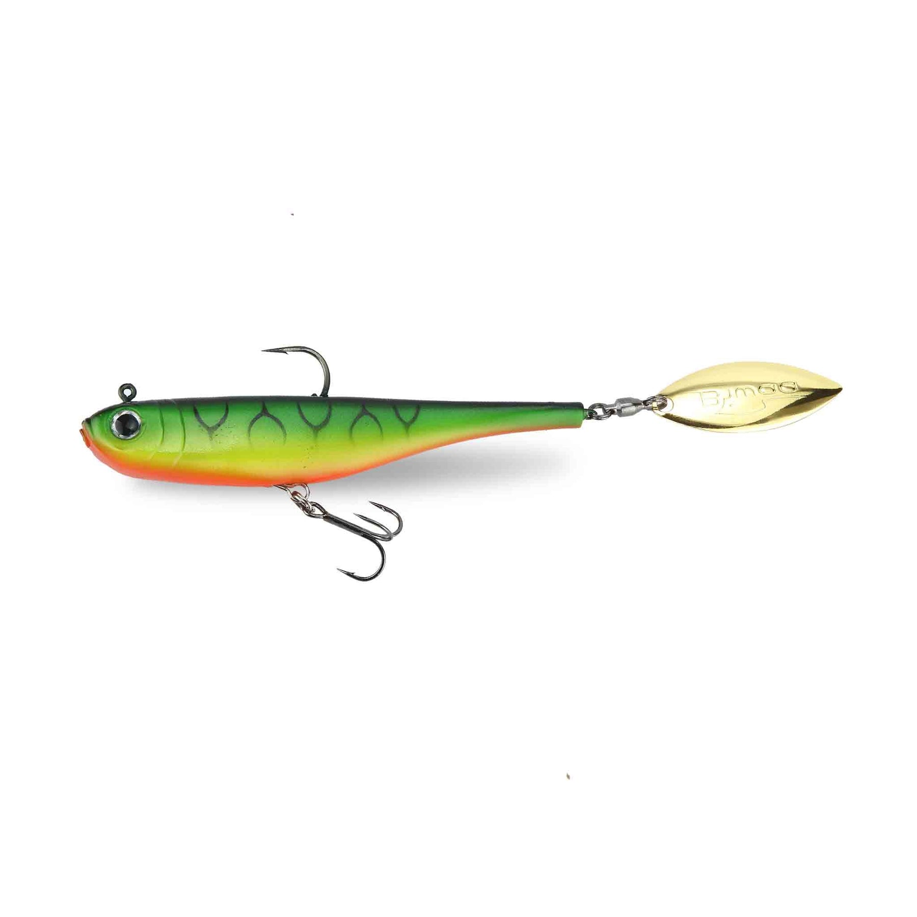 View of Swimbaits Biwaa Divinator Big 85g Tailspin Swimbait Fire Tiger available at EZOKO Pike and Musky Shop