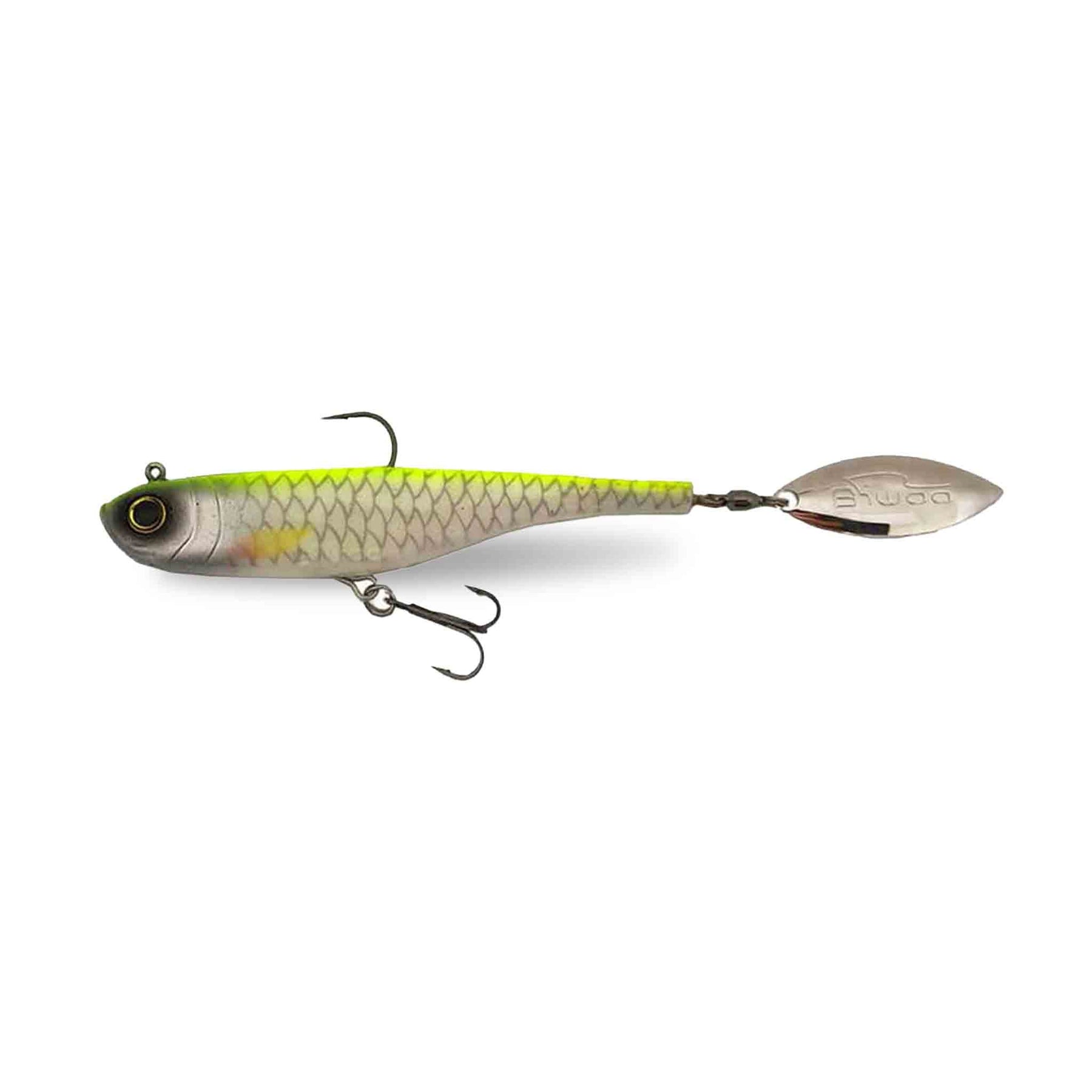 View of Swimbaits Biwaa Divinator Junior 22g Tailspin Swimbait Hi Viz available at EZOKO Pike and Musky Shop