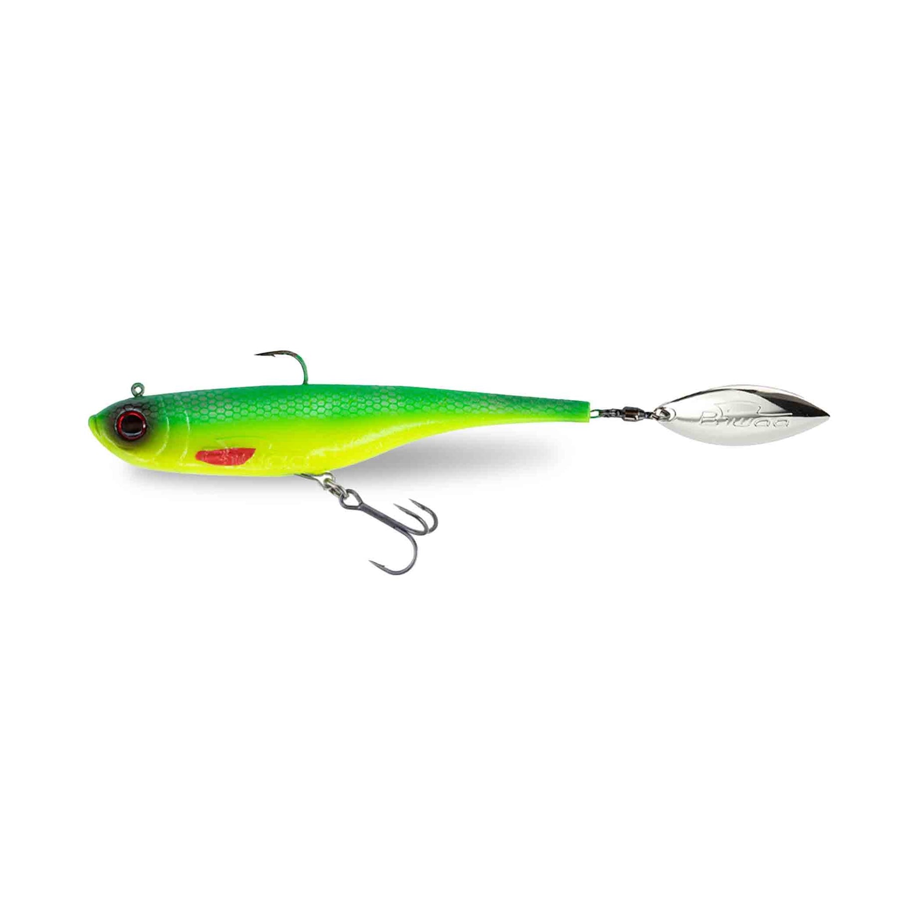 View of Swimbaits Biwaa Divinator Medium 35g Tailspin Swimbait Midori Sliver available at EZOKO Pike and Musky Shop