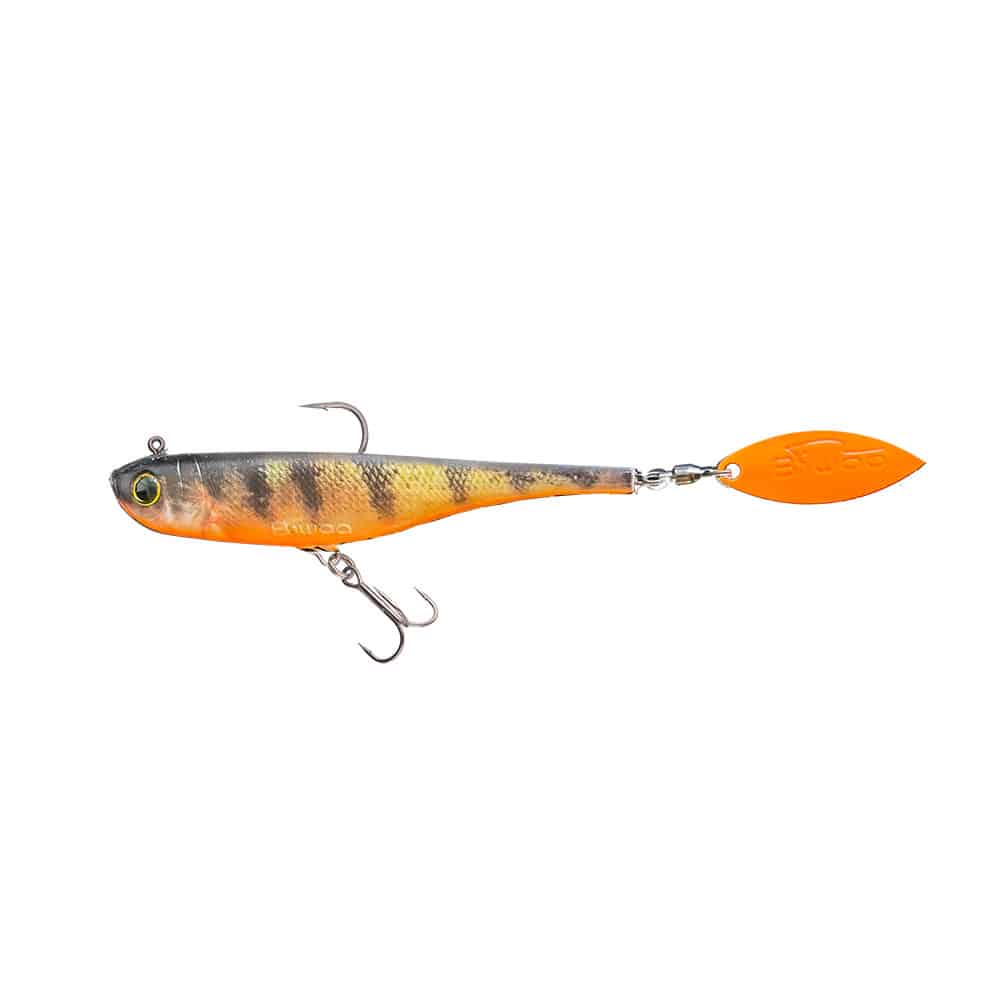 View of Swimbaits Biwaa Divinator Medium 35g Tailspin Swimbait Perch Orange available at EZOKO Pike and Musky Shop