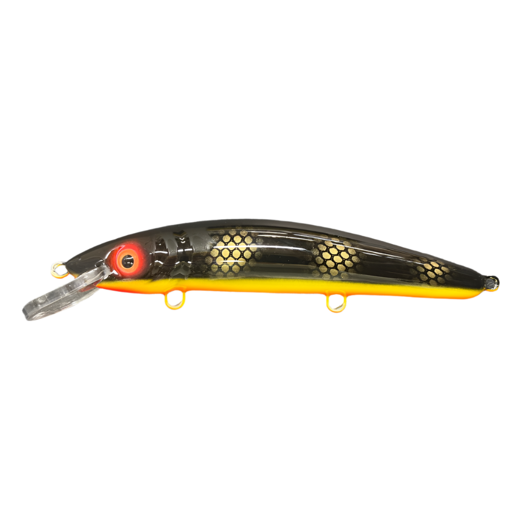 View of Crankbaits Blue Water Baits 9" cisco (Synthetic Cedar) - shallow Crankbait Black Perch / Orange Belly available at EZOKO Pike and Musky Shop