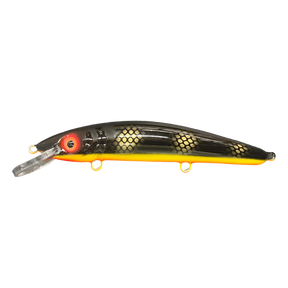 View of Crankbaits Blue Water Baits 9" cisco (Synthetic Cedar) - shallow Crankbait Black Perch / Orange Belly available at EZOKO Pike and Musky Shop