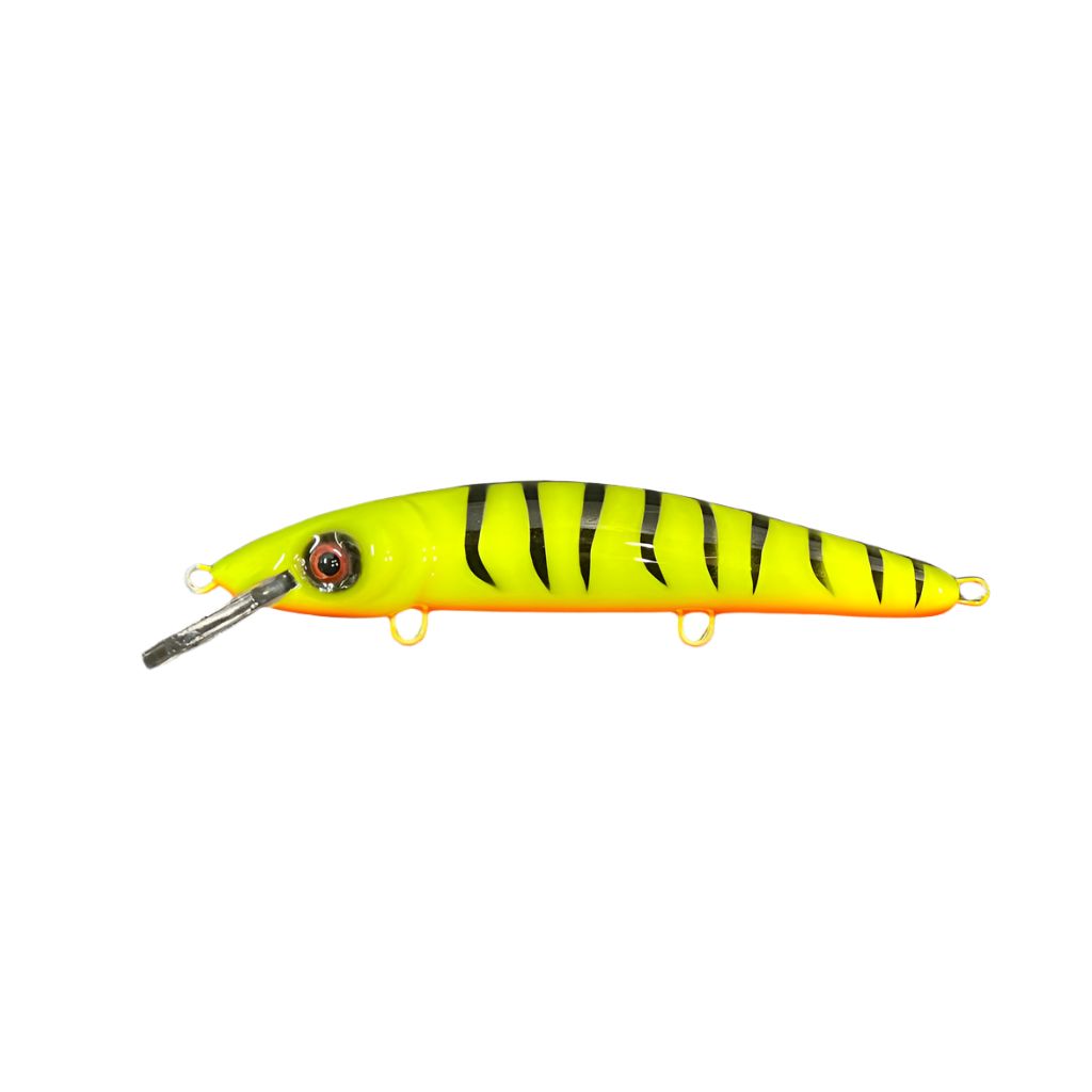 View of Crankbaits Blue Water Baits 9" cisco (Synthetic Cedar) - shallow Crankbait Chartreuse Tiger / Orane Belly available at EZOKO Pike and Musky Shop