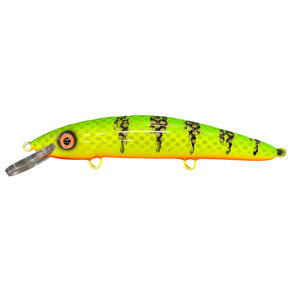 View of Crankbaits Blue Water Baits 9" cisco (Synthetic Cedar) - shallow Crankbait Hot Perch / Orange Belly available at EZOKO Pike and Musky Shop