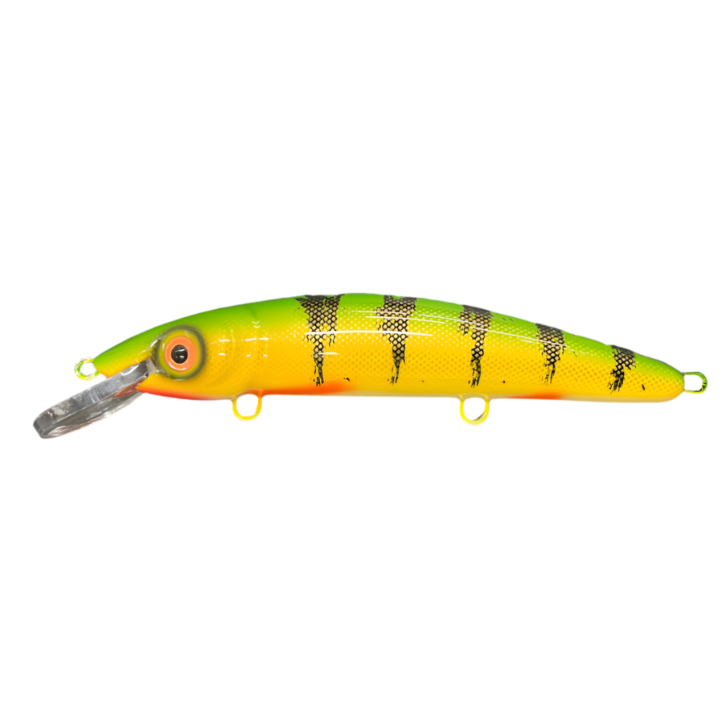 View of Crankbaits Blue Water Baits 9" cisco (Synthetic Cedar) - shallow Crankbait Perch / White Belly available at EZOKO Pike and Musky Shop