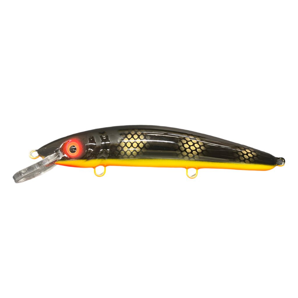 View of Crankbaits Blue Water Baits 9" cisco (Synthetic Cedar) - shallow Crankbait Black Perch / Orange Belly available at EZOKO Pike and Musky Shop