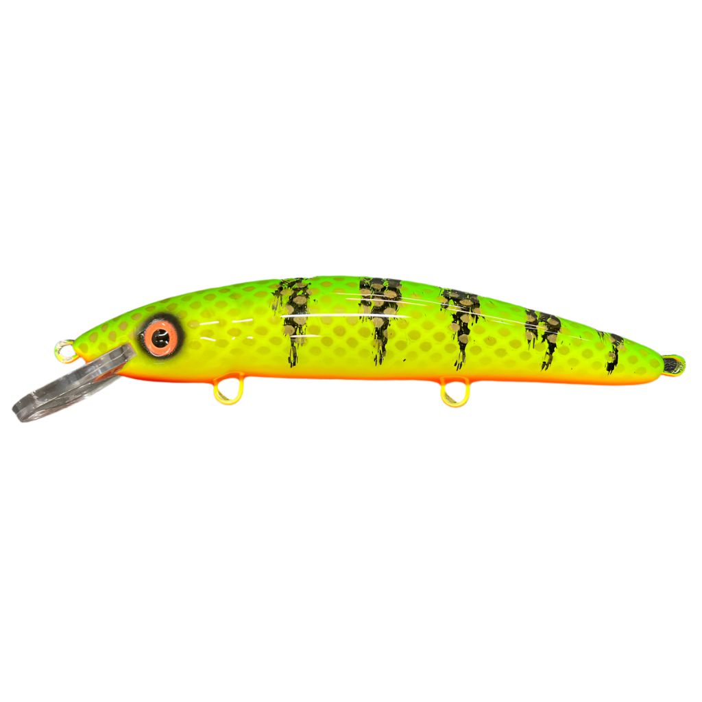 View of Crankbaits Blue Water Baits 9" cisco (Synthetic Cedar) - shallow Crankbait Hot Perch / Orange Belly available at EZOKO Pike and Musky Shop