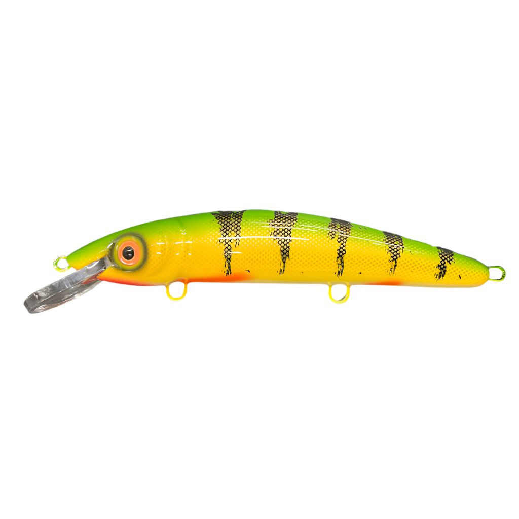 View of Crankbaits Blue Water Baits 9" cisco (Synthetic Cedar) - shallow Crankbait Perch / White Belly available at EZOKO Pike and Musky Shop