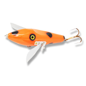 View of Bobbie Baits Creeper Orange / Black Dots available at EZOKO Pike and Musky Shop