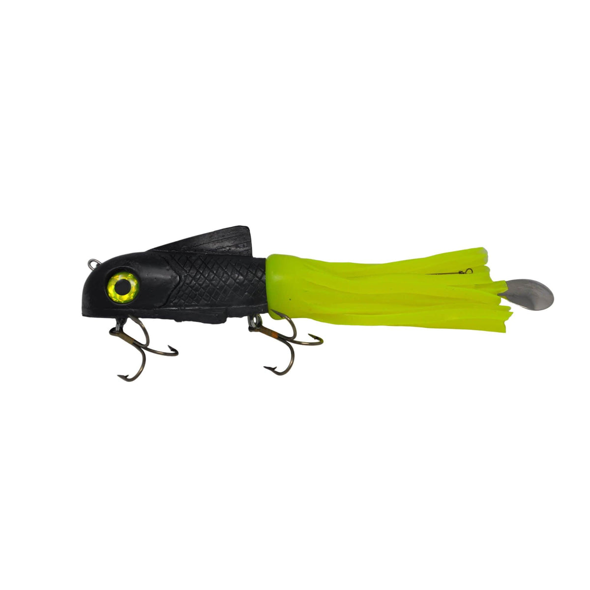 View of Rubber Boss Shad Hybrid Large Black Chartreuse Tail available at EZOKO Pike and Musky Shop