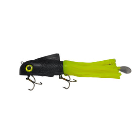 View of Rubber Boss Shad Hybrid Large Black Chartreuse Tail available at EZOKO Pike and Musky Shop