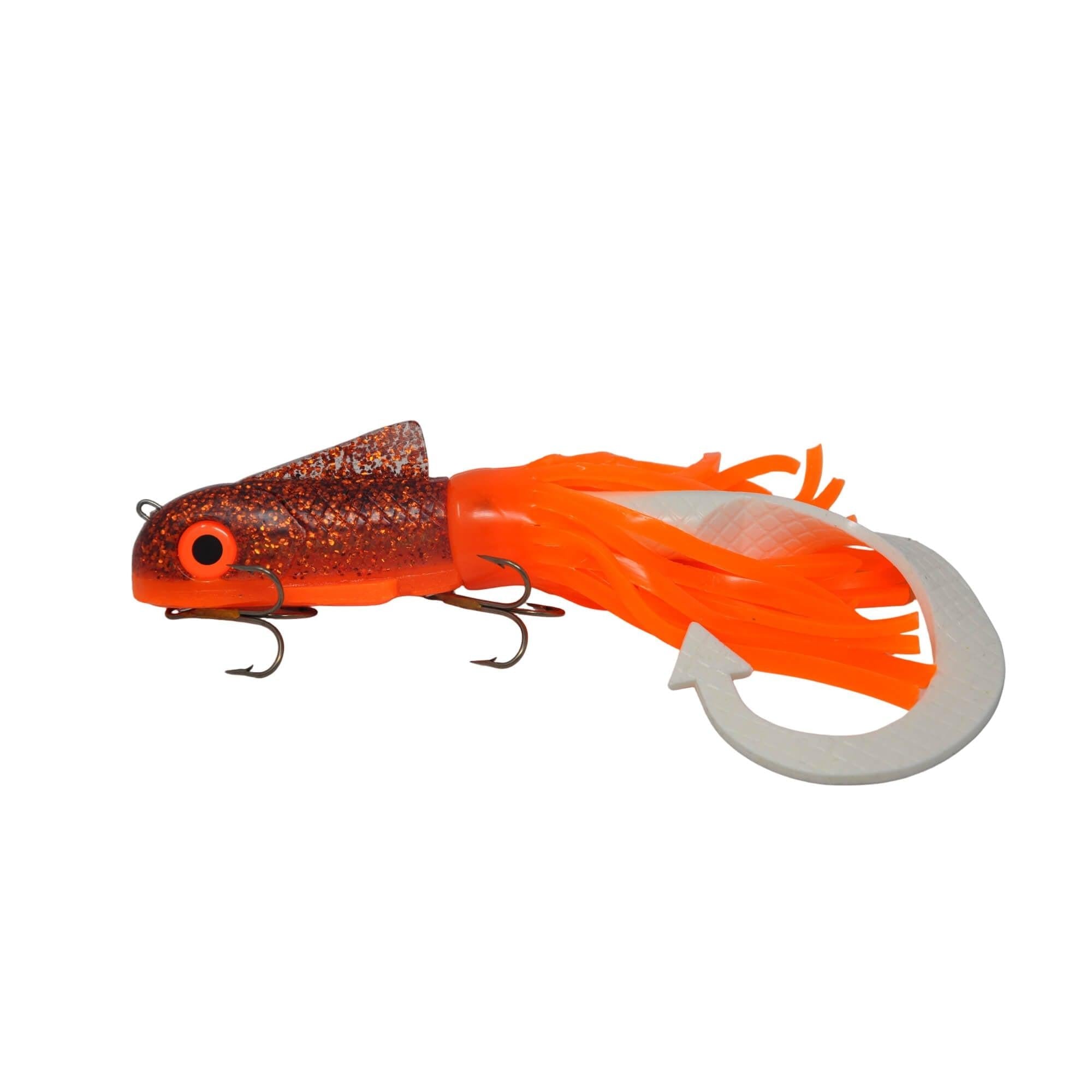 View of Rubber Boss Shad Hybrid Medium Siracha White Tail available at EZOKO Fishing