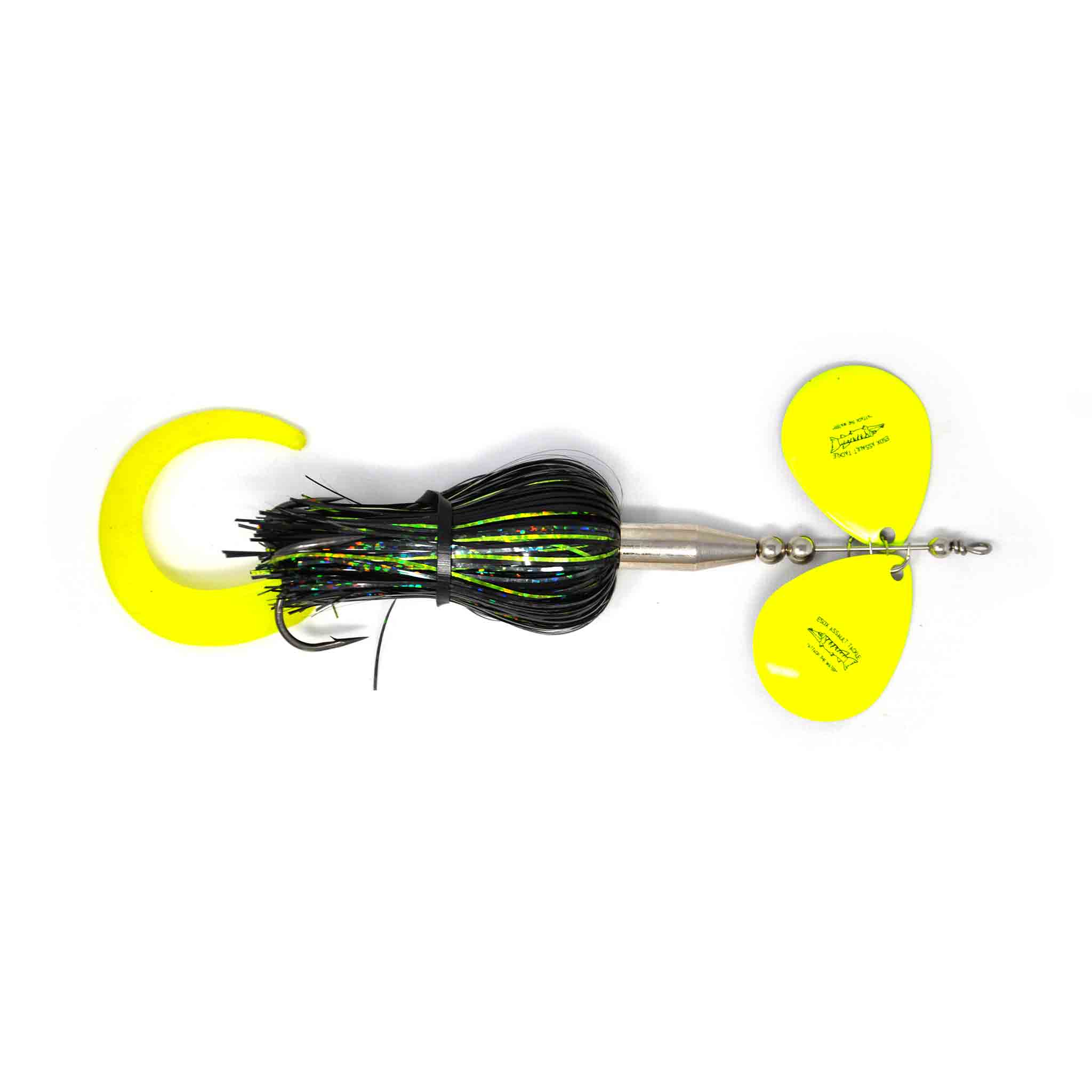 View of Bucktails Chaos Tackle Esox Assault Double 6 Bucktail Black Chartreuse available at EZOKO Fishing