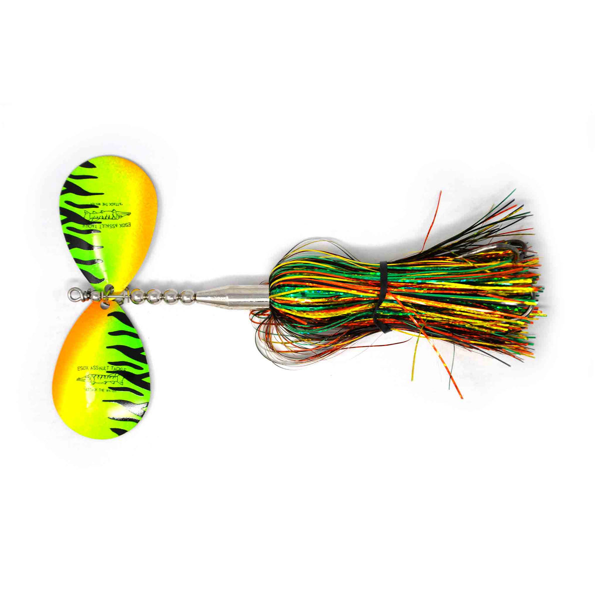 View of Bucktails Chaos Tackle Esox Assault Double 8 Bucktail Fire Tiger available at EZOKO Pike and Musky Shop