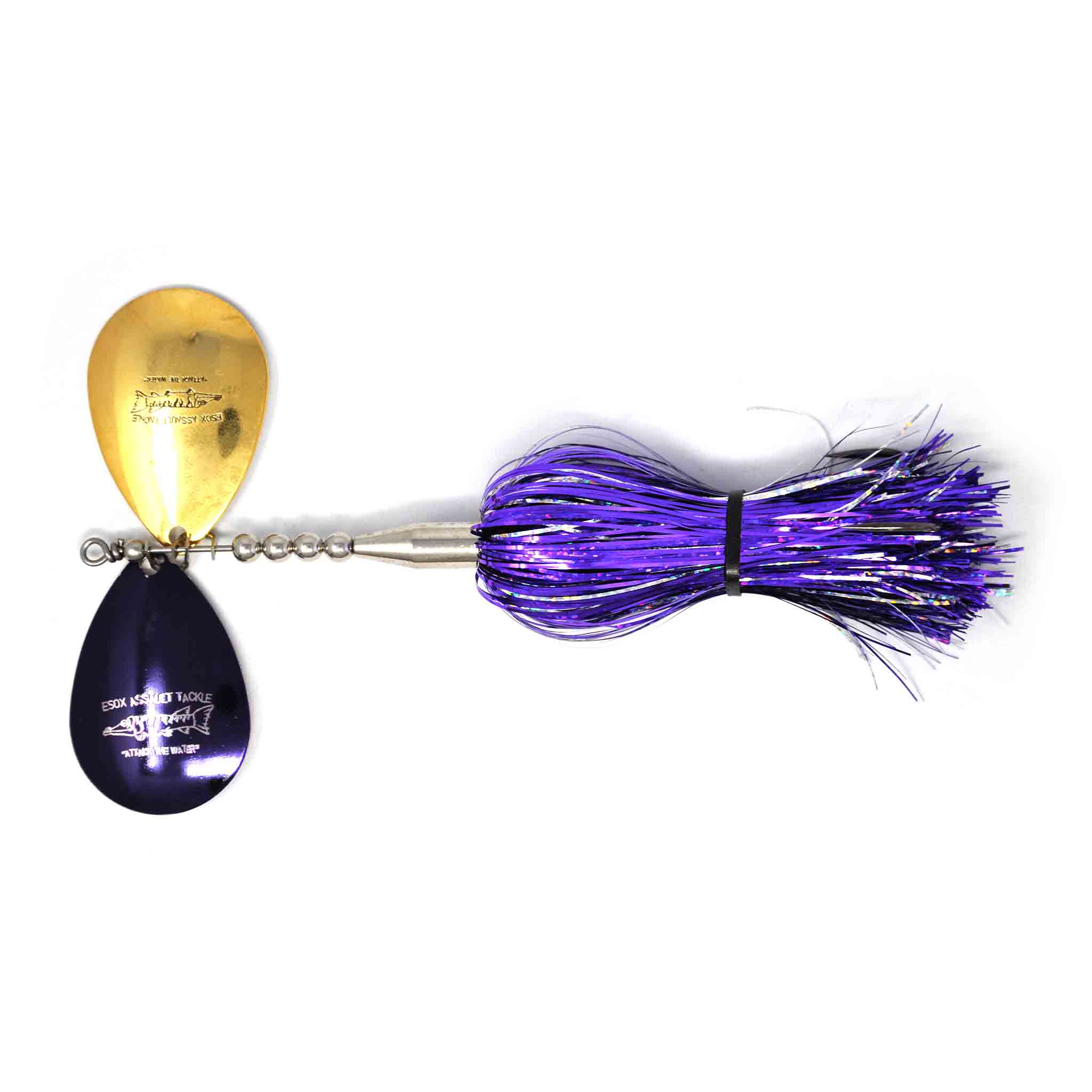 View of Bucktails Chaos Tackle Esox Assault Double 8 Bucktail Purple Shimmer available at EZOKO Fishing