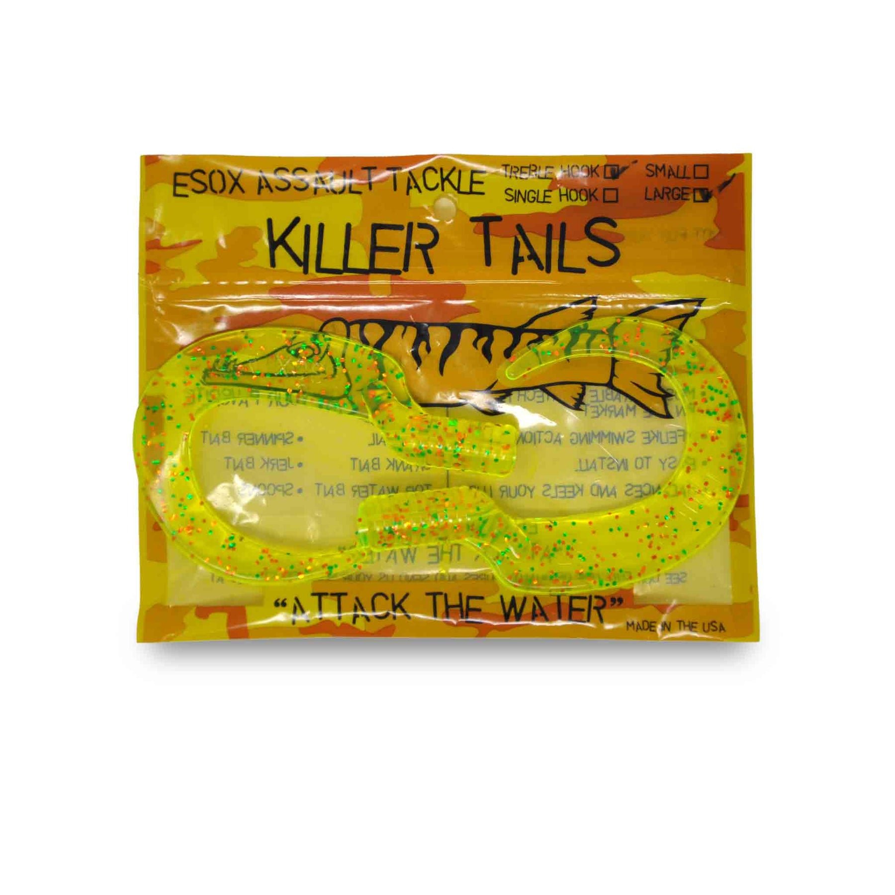 View of Lures_Add-on Chaos Tackle Killer Tails Fire Tiger Large 7.5 in available at EZOKO Pike and Musky Shop