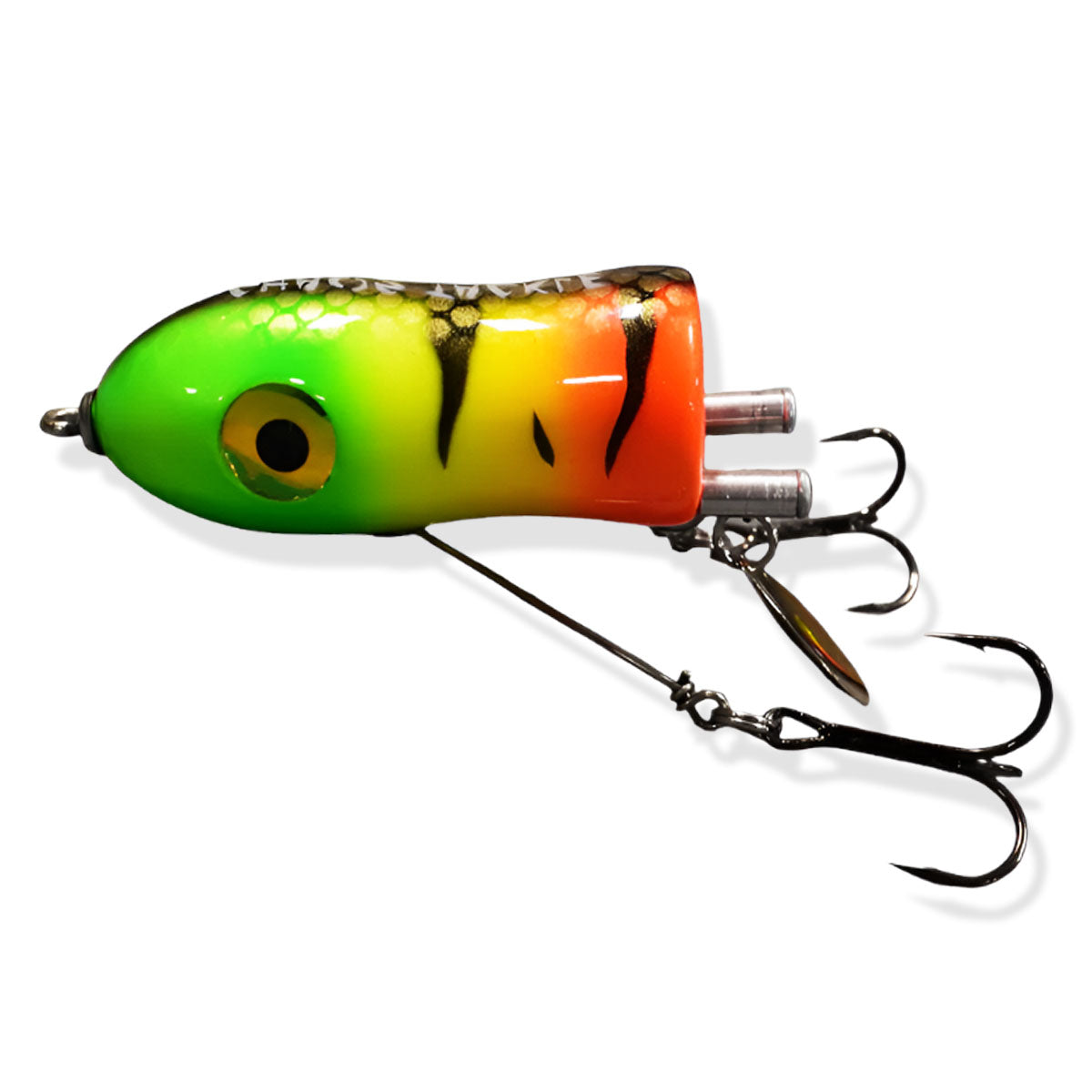 View of Topwater Chaos Tackle Little Flaptail Firetiger available at EZOKO Pike and Musky Shop