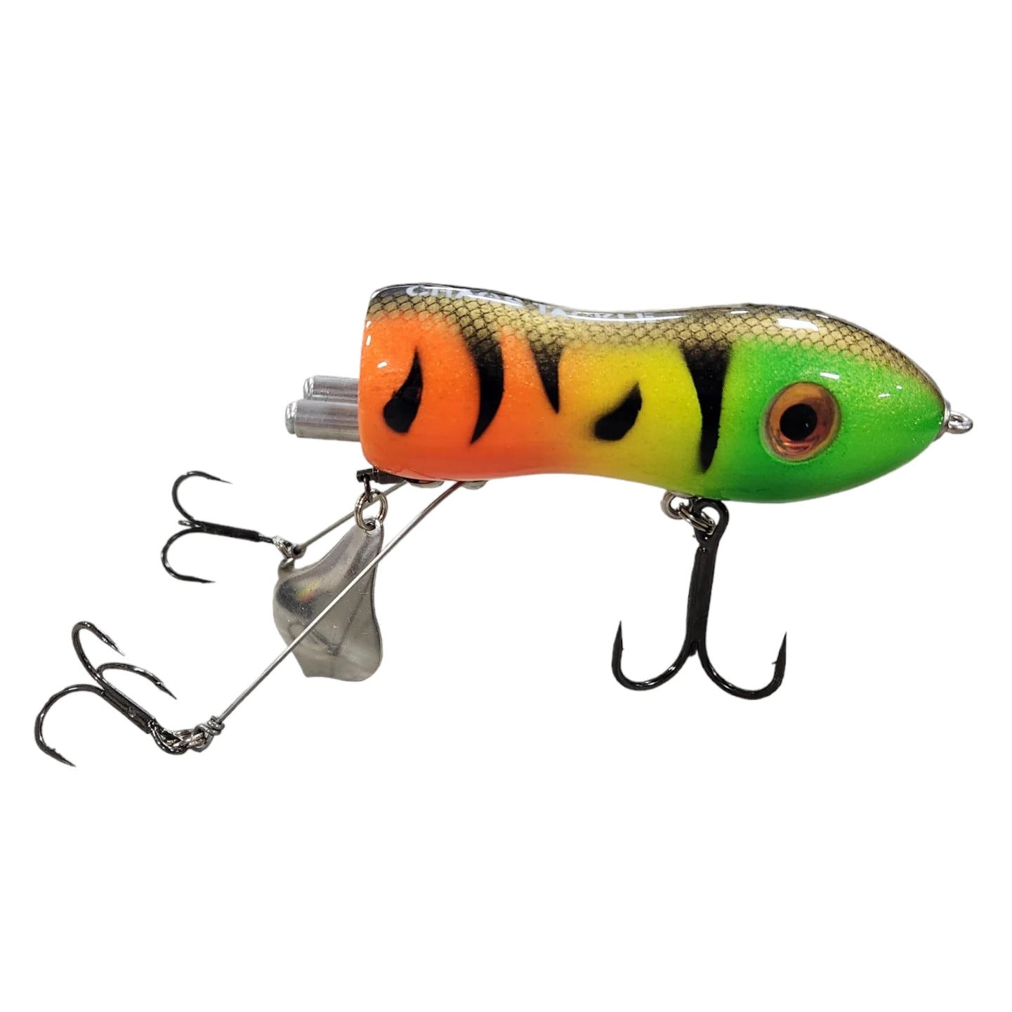 View of Topwater Chaos Tackle Psycho Flaptail Fire Tiger available at EZOKO Pike and Musky Shop
