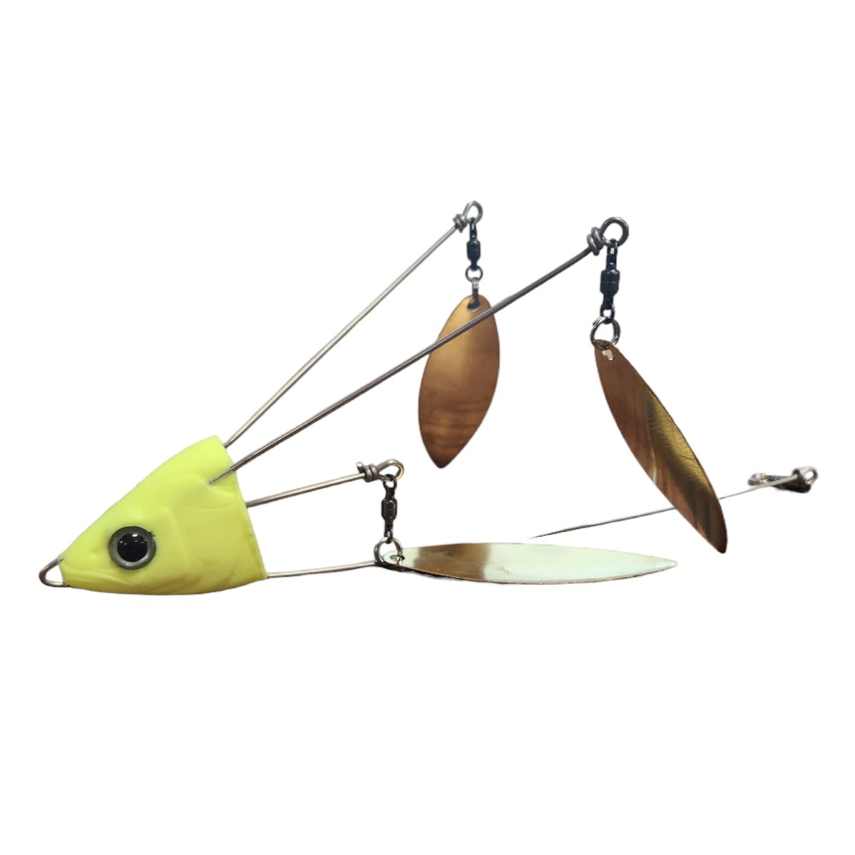 View of Lures_Add-on Chaos Tackle Willen's Hat Trick 3 Blades Chartreuse / Gold Blades available at EZOKO Pike and Musky Shop