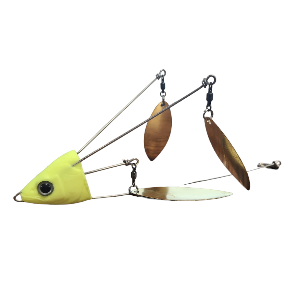 View of Lures_Add-on Chaos Tackle Willen's Hat Trick 3 Blades Chartreuse / Gold Blades available at EZOKO Pike and Musky Shop