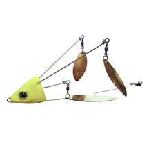 View of Lures_Add-on Chaos Tackle Willen's Hat Trick 3 Blades Chartreuse / Gold Blades available at EZOKO Pike and Musky Shop