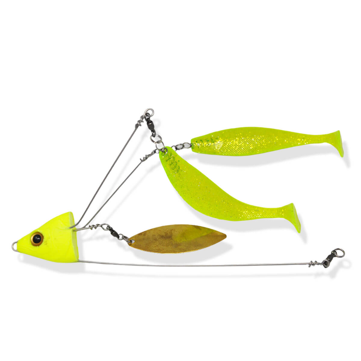 View of Lures_Add-on Chaos Tackle Willen's Hat Trick Center Blade And Two Teasers Chartreuse with Green Chartreuse Teasers available at EZOKO Pike and Musky Shop