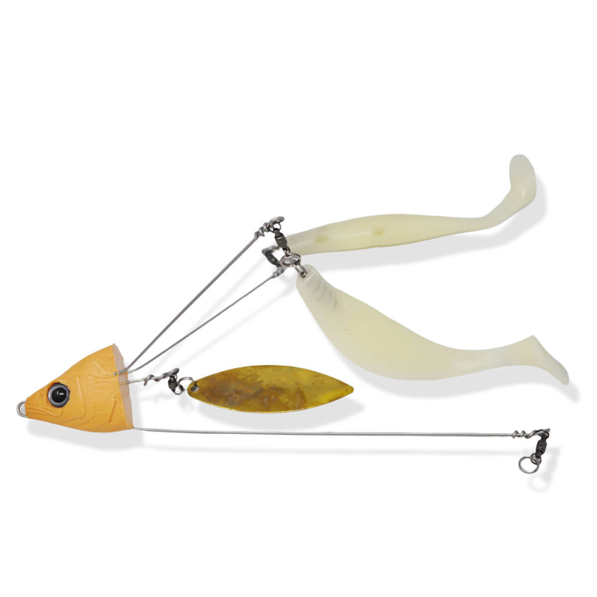 View of Lures_Add-on Chaos Tackle Willen's Hat Trick Center Blade And Two Teasers Gold with Glow Teasers available at EZOKO Fishing