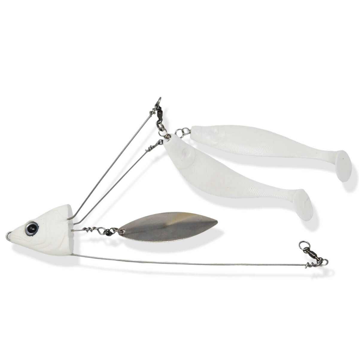 View of Lures_Add-on Chaos Tackle Willen's Hat Trick Center Blade And Two Teasers White with White Teasers available at EZOKO Pike and Musky Shop