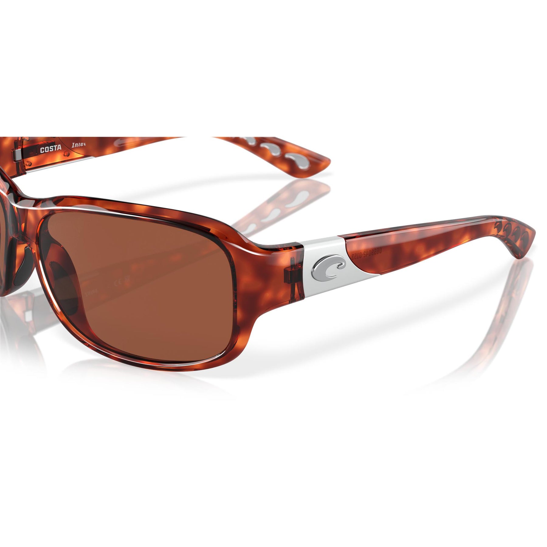 View of Sunglasses Costa Inlet Tortoise Frame Copper Silver Mirror 580G available at EZOKO Pike and Musky Shop