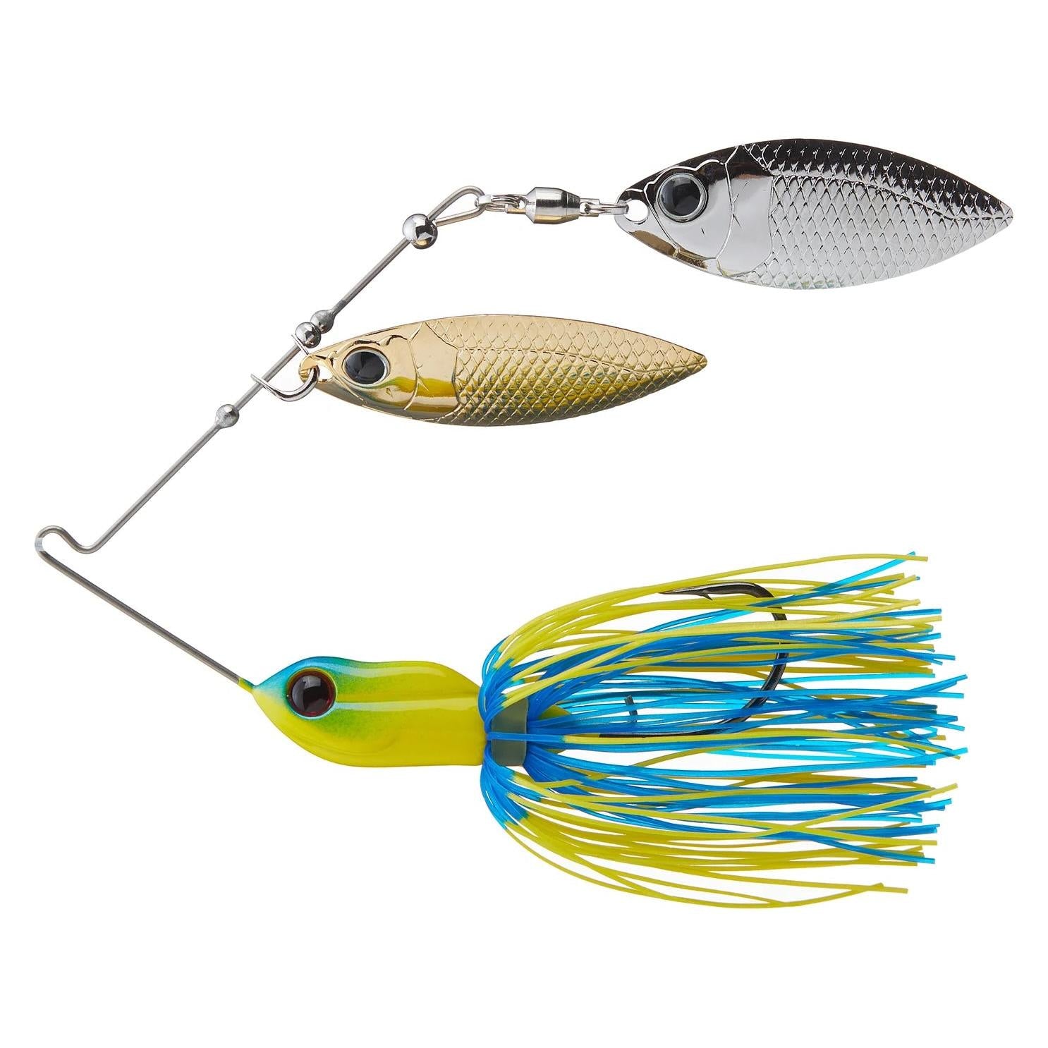 View of Spinnerbaits Deps Mini Bros Finess Double Willow Spinnerbait 1/2oz Yellow Peacock available at EZOKO Fishing