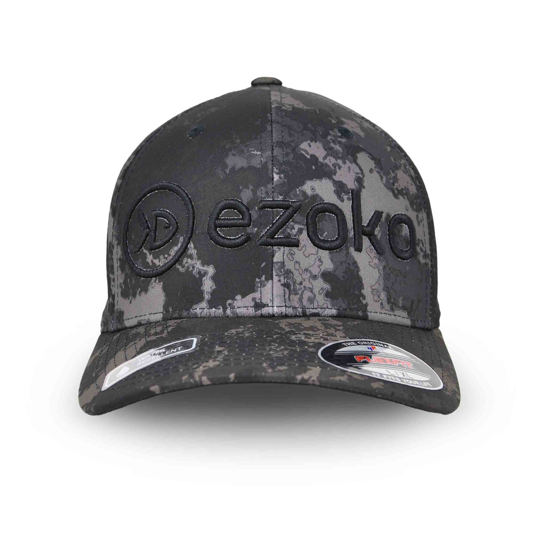View of Hats Ezoko FLEXFIT Cap Veil Camo Poseidon Black 3D-Puff available at EZOKO Pike and Musky Shop