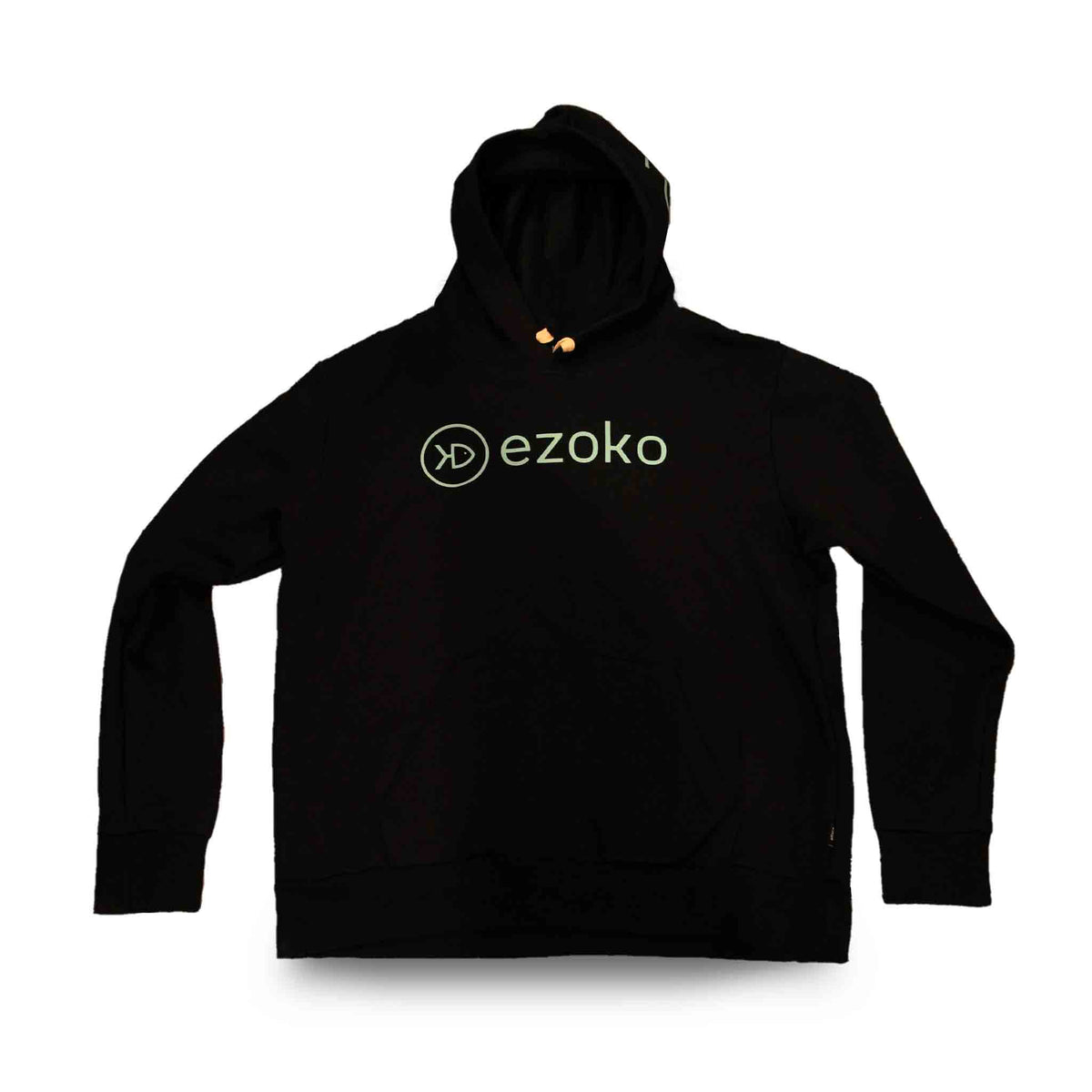 Front view of black ezoko hoodie with green ezoko logo on the chest