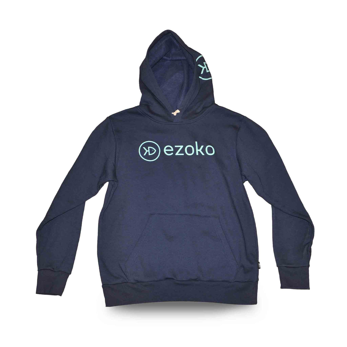 Front view of navy blue ezoko hoodie with green ezoko logo on the chest