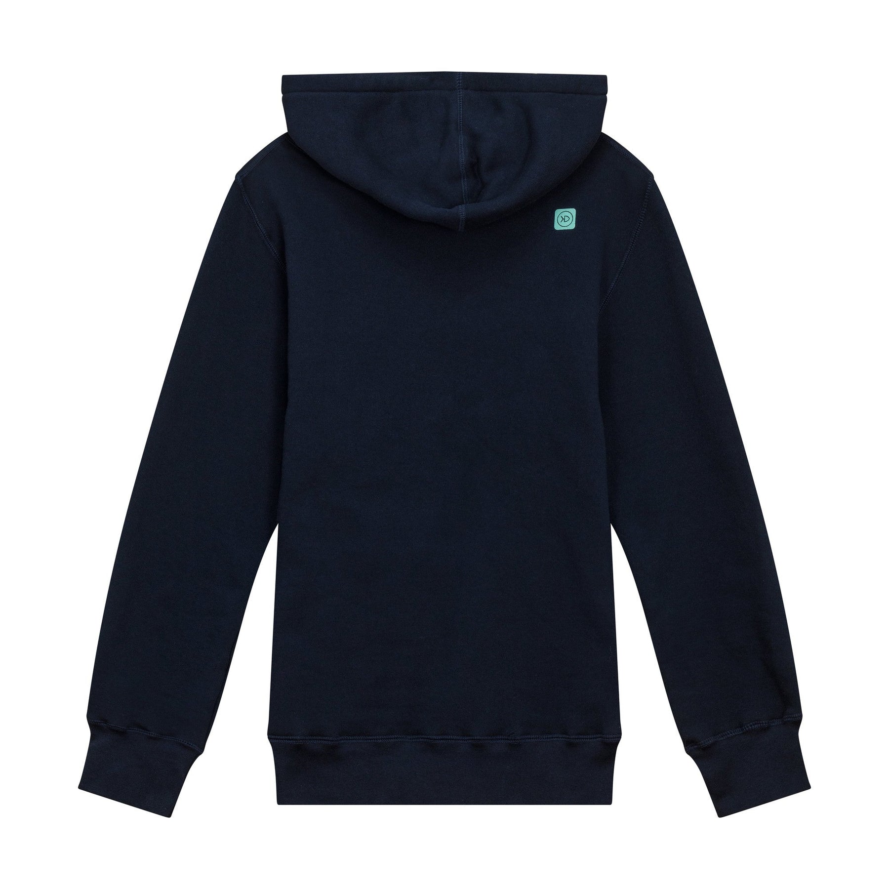 View of EZOKO Navy Hoodie Green Bathy Logo available at EZOKO Pike and Musky Shop