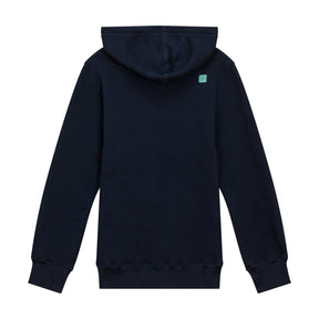 View of EZOKO Navy Hoodie Green Bathy Logo available at EZOKO Pike and Musky Shop